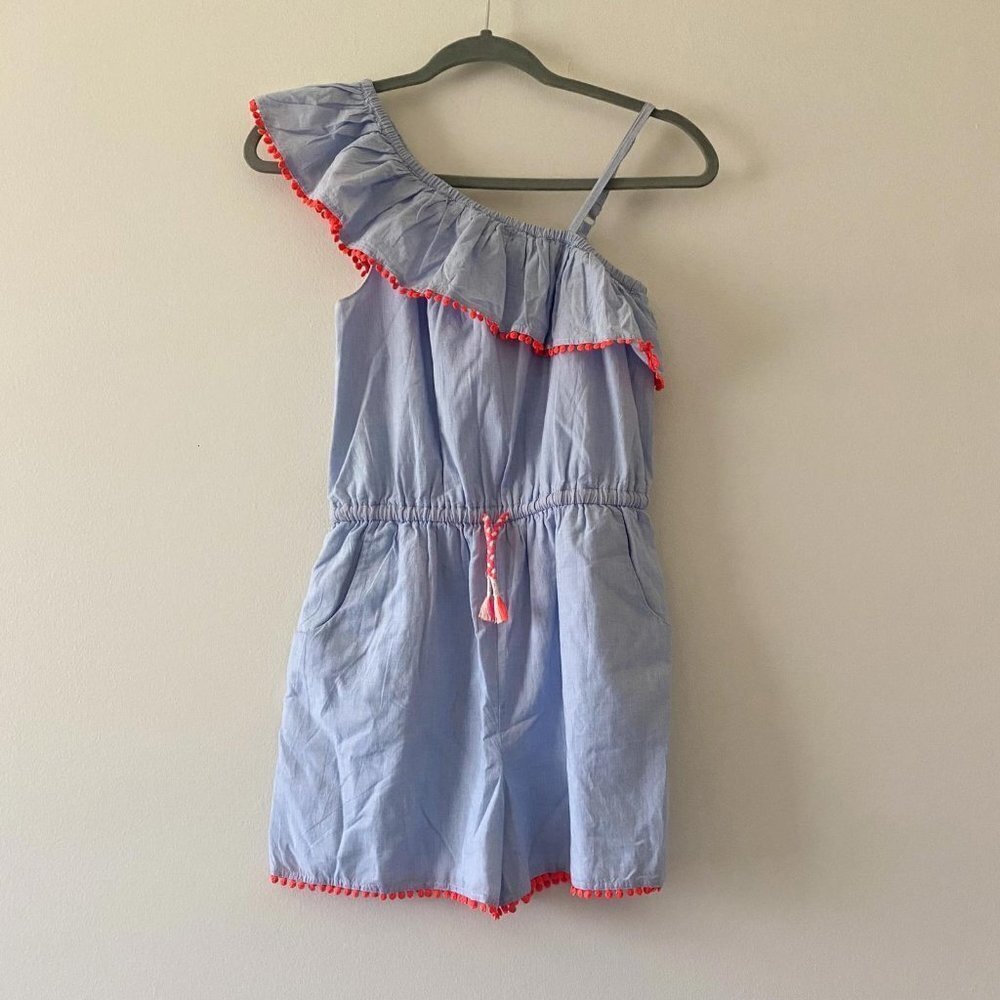 MINI BODEN girls blue and white pom pom romper. Cotton. EUC! - Picture 2 of 8